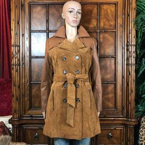 NWOT IMAN Deep Camel Genuine Leather & Suede Platinum Collection Trench Coat